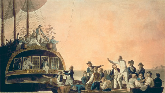 Zeitgenössisches Gemälde: Kapitän und Offiziere der "Bounty" werden von Meuterern in einem Boot ausgesetzt, 1789