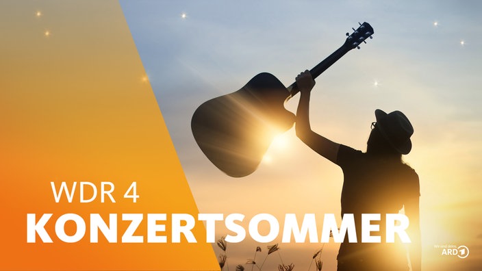 Eine Musikerin hält seine Gitarre im Sonnenuntergang in die Höhe