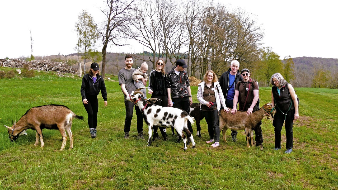 Eine Wandergruppe mit drei Ziegen