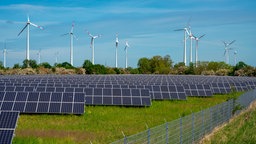 Sonnenenergie-Paneele mit Windturbinen im Rücken.