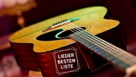 Eine Akustikgitarre liegt auf einem Hocker, auf der Zarge steht das Logo der Liederbestenliste