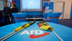 Bundeswappenfahnen liegen auf einem Tisch mit AfD-Logo auf einer Wahlparty in der AfD-Parteizentrale vor der ersten Hochrechnung zur Europawahl bereit (09.06.2024).