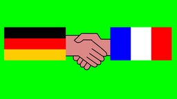 Grafik: Handschlag mit einmal deutscher, einmal französischer Fahne auf dem Ärmel der gezeichneten Figur.