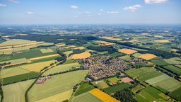 Ortsansicht am Rande von landwirtschaftlichen Feldern im Ortsteil Schapdetten in Nottuln im Bundesland Nordrhein-Westfalen, Deutschland