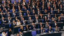 Blick auf die Unionsfraktion im Bundestag am 29.01.2025. Im Hintergrund die AfD-Fraktion