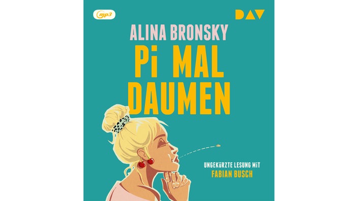 Das Cover zum Hörbuch zu Alina Bronskys Roman "Pi mal Daumen" zeigt die Illustration einer Frau, die Kirschen um ihr Ohr trägt und einen Kern ausspuckt.