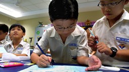 Archivbild: Grundschüler in Singapur machen Eintragungen in ein Heft und sehen dabei sehr konzentriert aus.