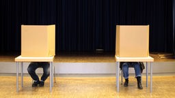 Zwei Wahlberechtigte sitzen in Wahlkabinen und geben ihre Stimme ab