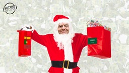 Gianni Infantino als Weihnachtsmann, er hält zwei Geschenktüten hoch. Auf der linken Tüte sind die Flaggen von Spanien, Marokko und Portugal zu sehen. Rechts erkennt man die Flagge von Saudi Arabien, aus der Tüte ragen Geldscheine.