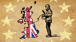 Illustration zur Serie "Brexitannia - Großbritanniens Weg aus der EU", eine Person mit Mikrofon und der Kartenumriss von Großbritannien.