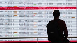 Passagier überprüft die Abflugzeiten am Trudeau International Airport in Montreal, 19.07.2024.