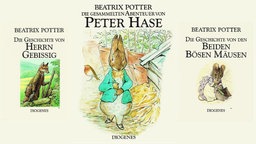 Drei Buchcover: "Die Geschichte von Herrn Gebissig", "Die gesammelten Abenteuer von Peter Hase" und "Die Geschichte von den beiden bösen Mäusen",von Beatrix Potter, Diogenes Verlag