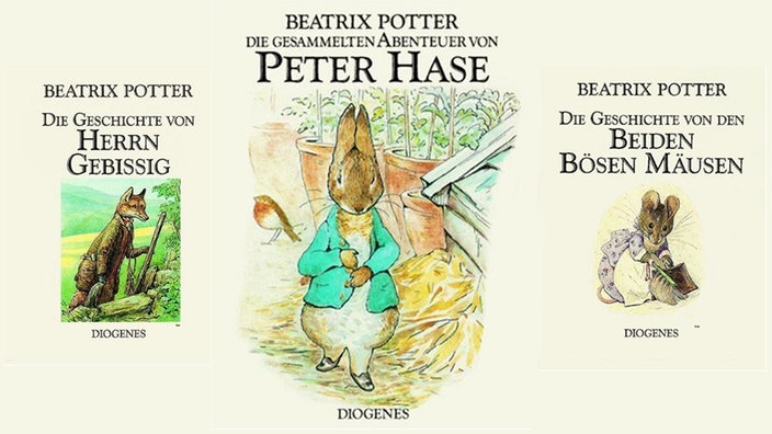 Drei Buchcover: "Die Geschichte von Herrn Gebissig", "Die gesammelten Abenteuer von Peter Hase" und "Die Geschichte von den beiden bösen Mäusen",von Beatrix Potter, Diogenes Verlag