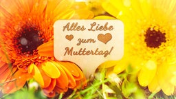 Ein Schild in einem Blumenstrauß mit dem Text "Alles Liebe zum Muttertag".