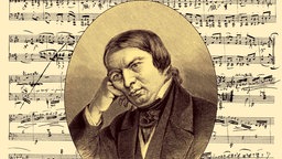 Noten-Handschrift und Portrait von Robert Schumann