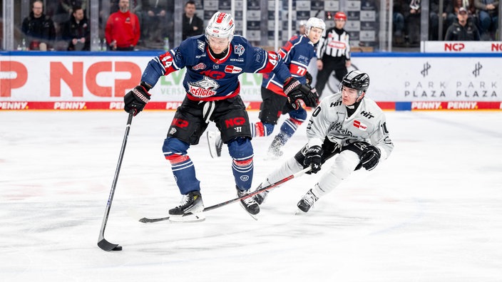 Nürnbergs Josef Eham und Kölns Justin Schütz kämpfen um den Puck