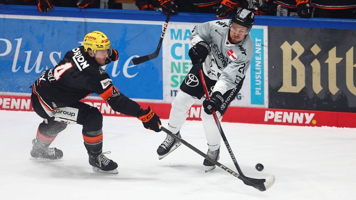 Reid McNeill im Zweikampf mit Kölns Juhani Tyrvaeinen