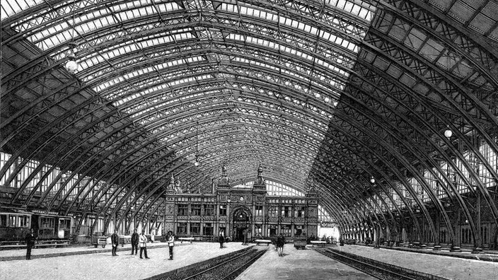 Eine Schwarz-Weiss-Zeichnung zeigt den 1984 fertiggestellten neuen Kölner Hauptbahnhof