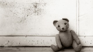 Ein alter Teddybär sitzt an der Wand in einem heruntergekommenen Zimmer