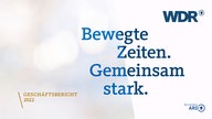 Titelseite des Geschäftsberichts 2022, mit Schriftzug "Bewegte Zeiten. Gemeinsam stark. Geschäftsbericht 2022". Mit WDR-Logo und "ARD - Wir sind deins".