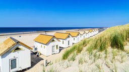 Das Bild zeigt einen Strand mit kleinen Häuschen in den Niederlanden. 