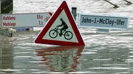 Straßenschilder sind in Bonn-Mehlem am Rheinufer vom Hochwasser überflutet, 2003