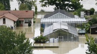 Unter Wasser stehen die Gebäude einer Gärtnerei am Rheinufer bei Waldshut, 2007